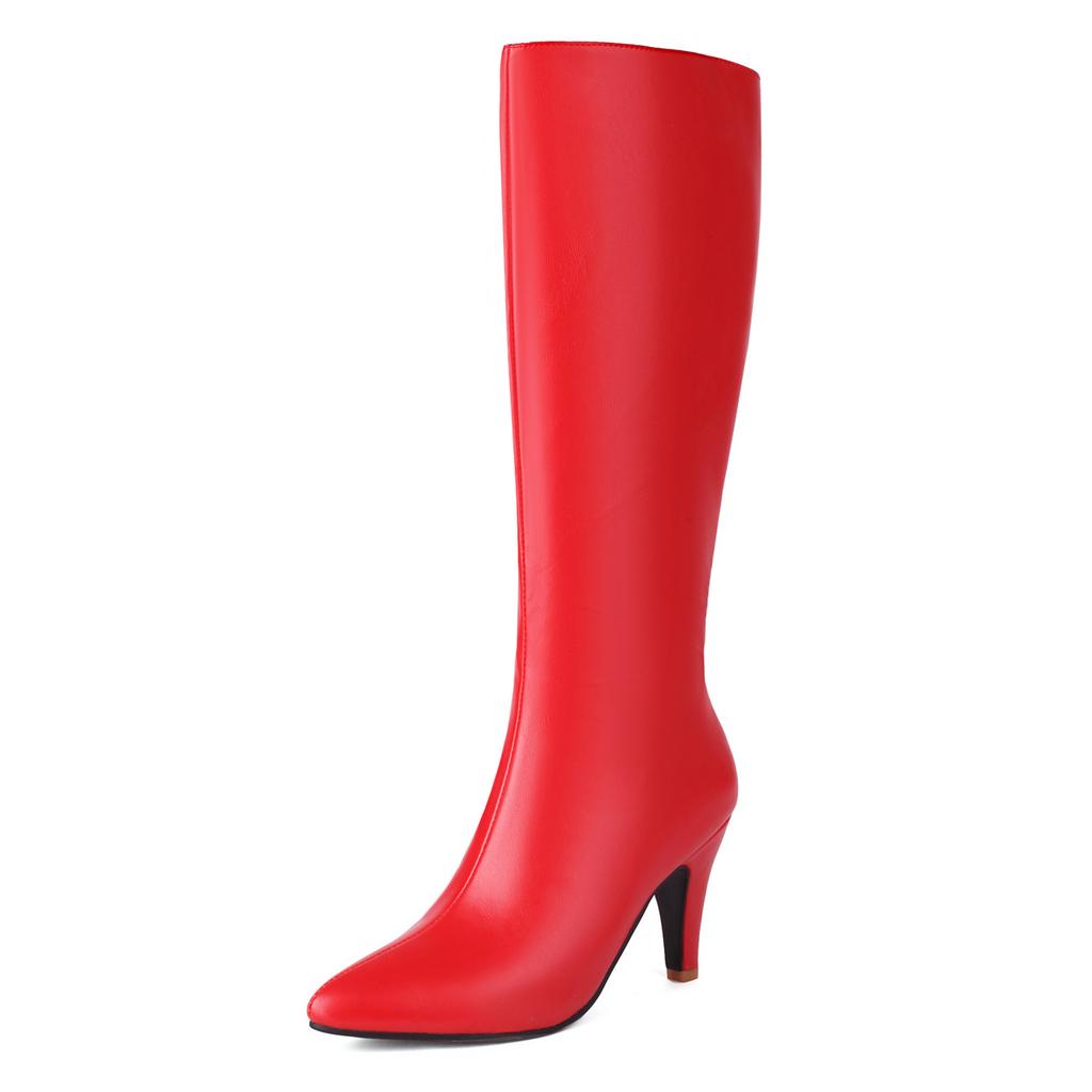 Autumn Winter Women Knee High Boots Chunky Spike Heel Sexy Dress Casual Party Lady Red Black Brown Pointed Toe Zipper Long Boots