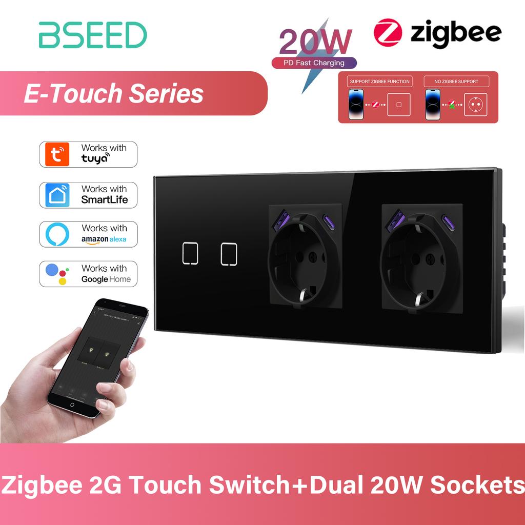 BSEED 1/2/3/4Gang Zigbee Touch Switch Glass with USB-C EU Sockets 20W Smart Wall Light Switch Touch Screen Backlight E Series