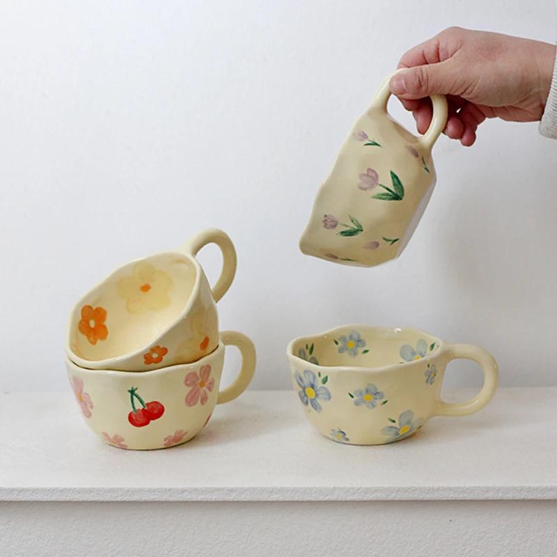 Ceramic Mugs Coffee Cups Hand Pinched Irregular Flower Milk Tea Cup Ins Korean Style Oatmeal Breakfast Mug Drinkware Kitchen