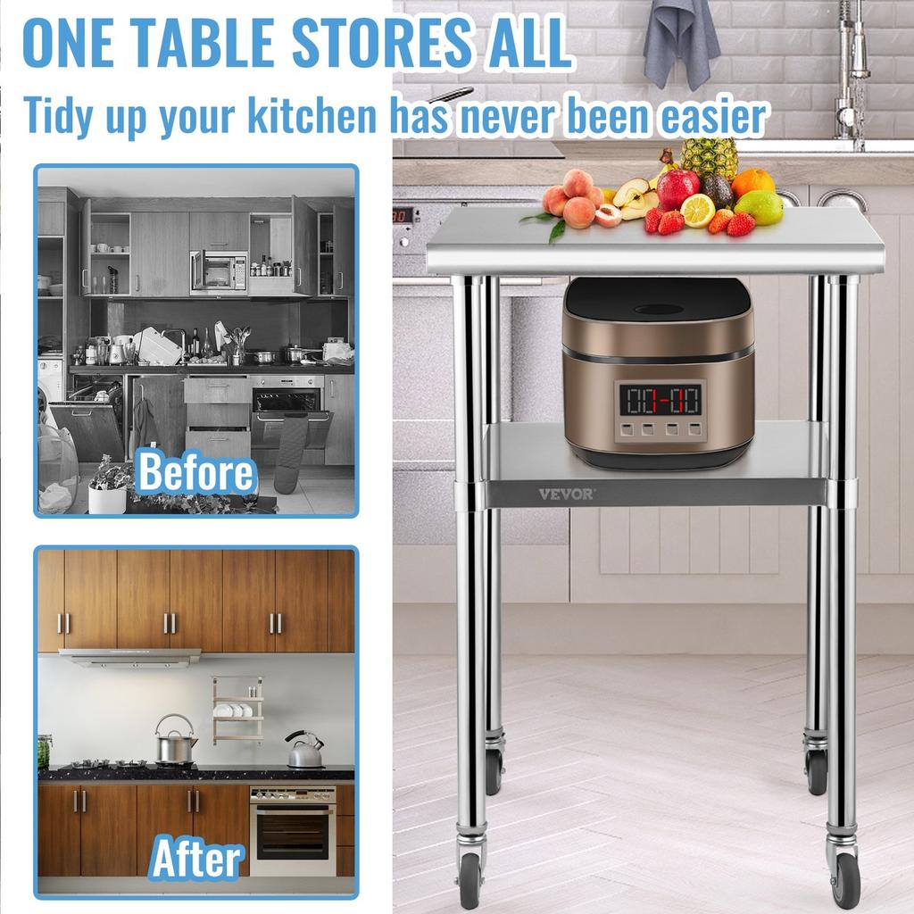 Stainless Steel Prep Table, 24 x 24 x 36 Inch, 600lbs Load Capacity Heavy Duty Metal Worktable with Adjustable Undershelf & Universal Wheels,