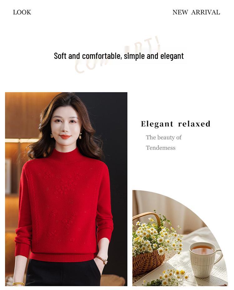 Red Embroidered Lambswool Sweater for Middle-Aged & Elderly Women: Half-High Collar, Thick Knit