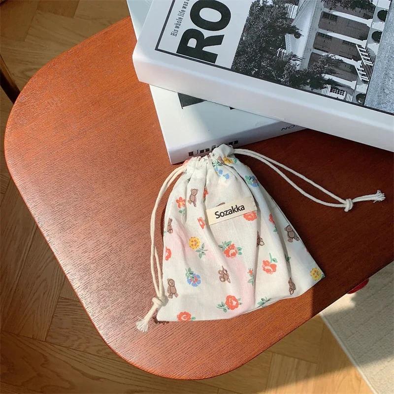 Floral Print Drawstring Coin Purse Lipstick Makeup Bag Travel Organizer Keys Earphone Storage Bag Makeup Pouch Cute Purse Wallet
