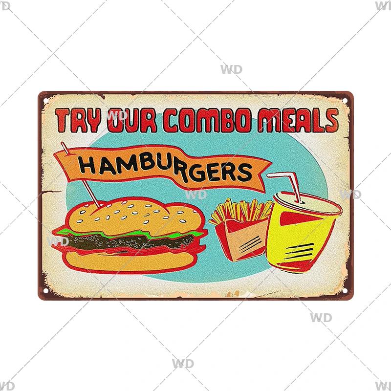 Panneau en étain pour hamburgers, frites, HotDogs, FastFood, Plaque métallique rétro Vintage, affiche en métal, Pizza BBQ pour décoration murale de cuisine