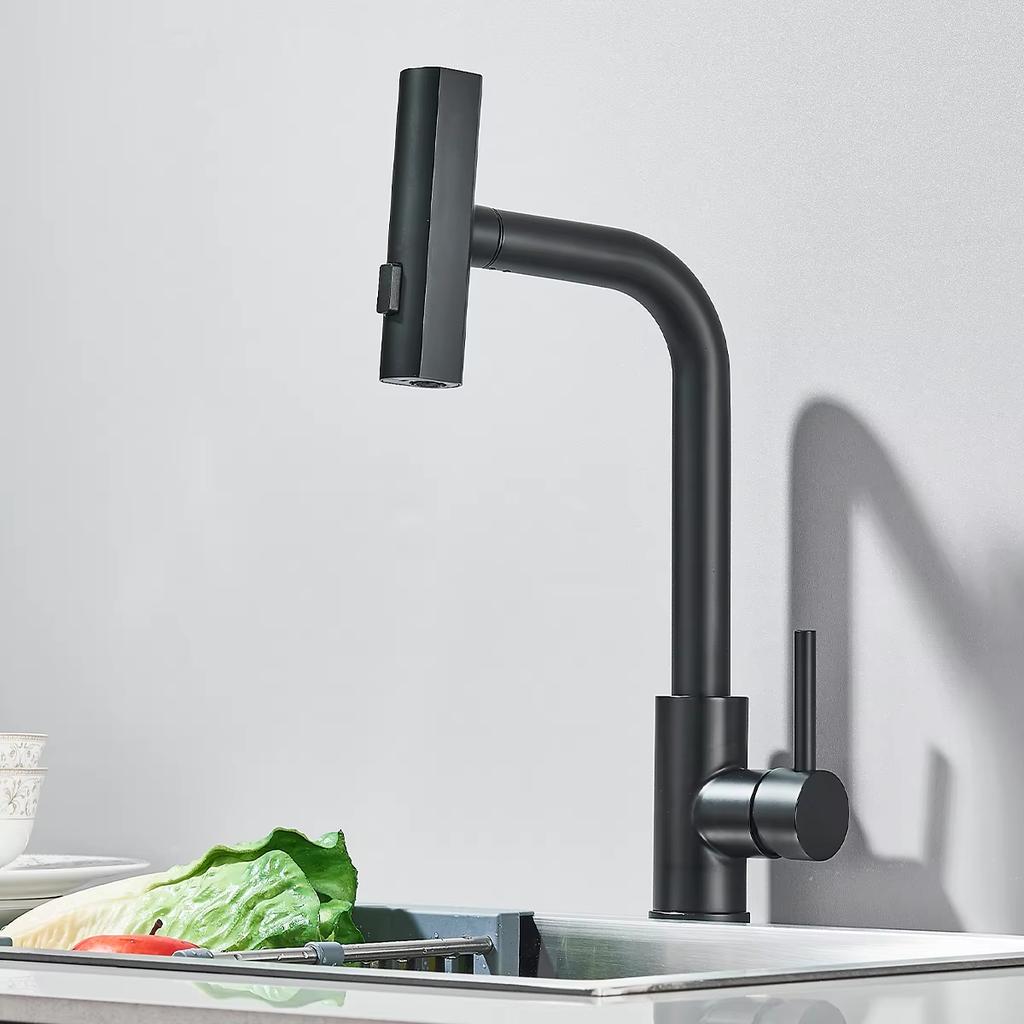 Gunmetal Grey Pull-out Kitchen Sink Faucet, Water Flow Spout, Stainless Steel, Hot and Cold Water Mixer, Deck Mounted Faucet