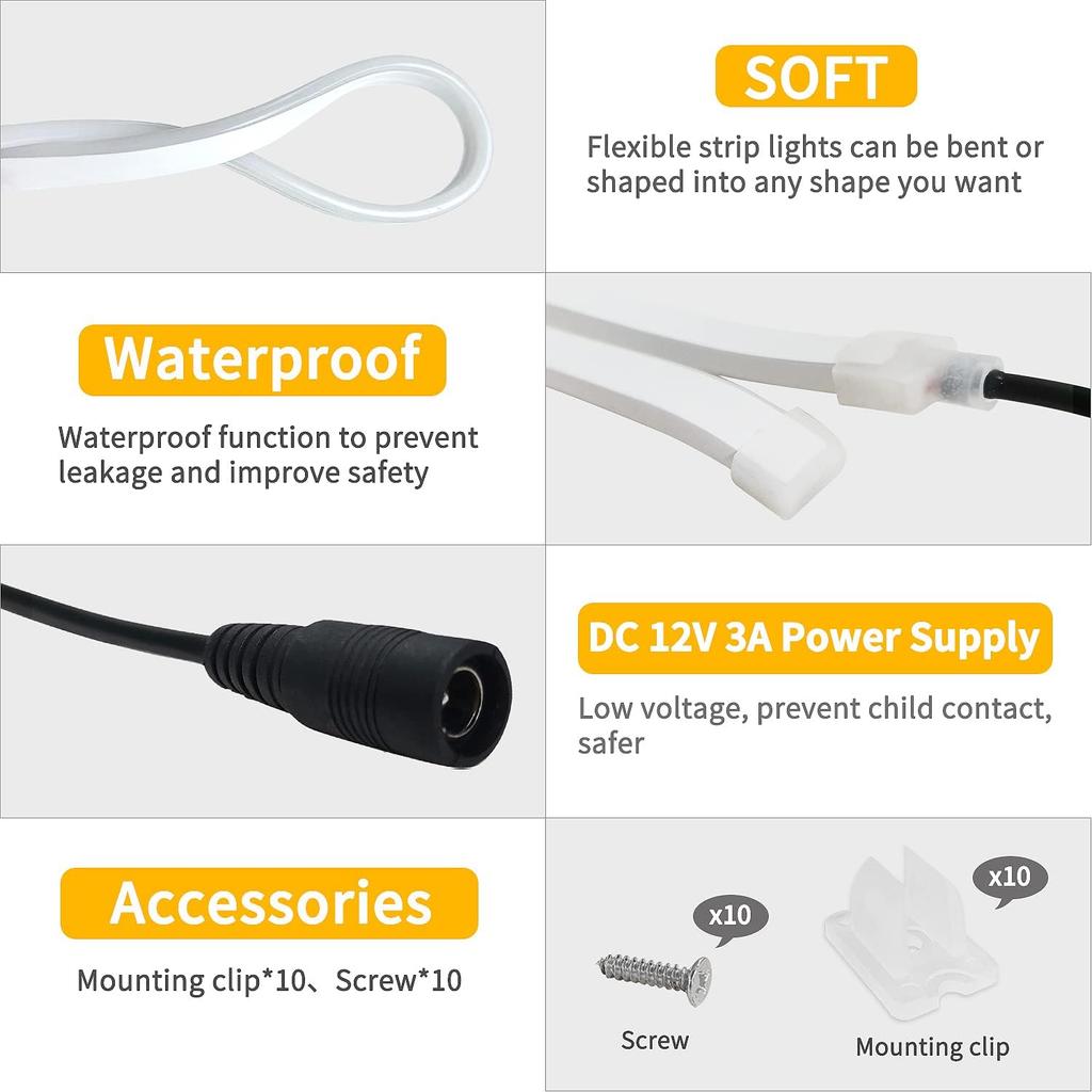 10M/32.8FT LED Neon Strip Light 24V Silicone Indoor Outdoor 120LEDs/m IP67 Waterproof Cuttable Flexible for Bar Home TV Wedding