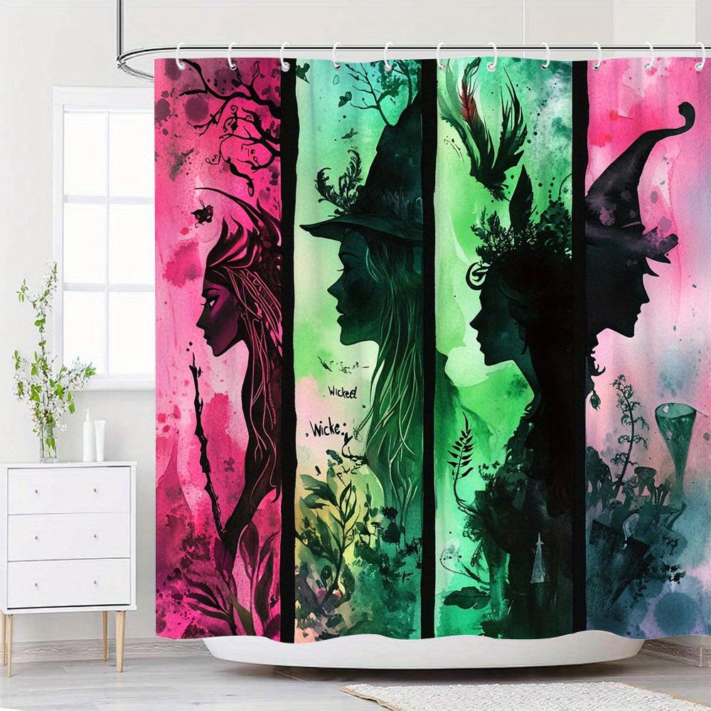 

Fantasy Witch Silhouette Shower Curtain – 4-Panel Botanical Art, Pink/Green/Purple, Waterproof Polyester, 70×70 , 12 Hooks W60H190(CM)-1 Pcs