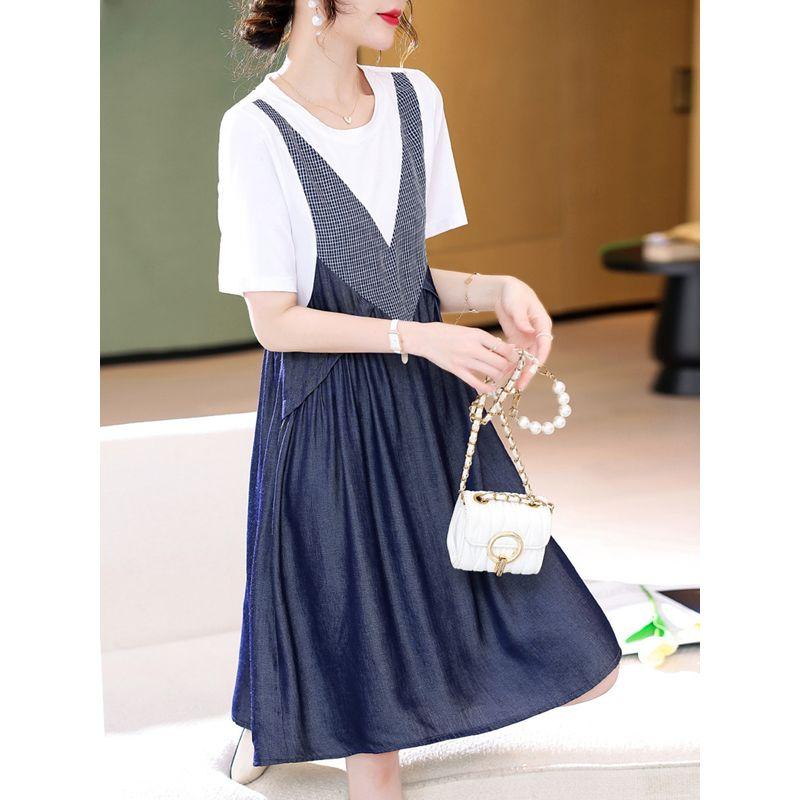 

Plain Wood Fancy Fake Two-Piece Dress 2023 Summer New Patchwork Contrast Colors Slimming Elegant Elegance Midi Dress Blue S