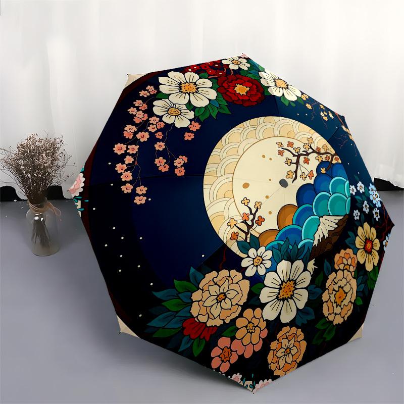 1pc Japanese Floral Moon Landscape Umbrella with Plastic Handle,Vibrant Cartoon Pattern,Multi-functional UmbrellaPT142