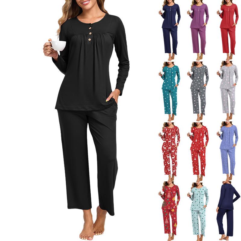 European & American Women's Fashion: Autumn 2025 2-Piece Pajama Set – Casual Long Sleeve Top & Pants with Pockets