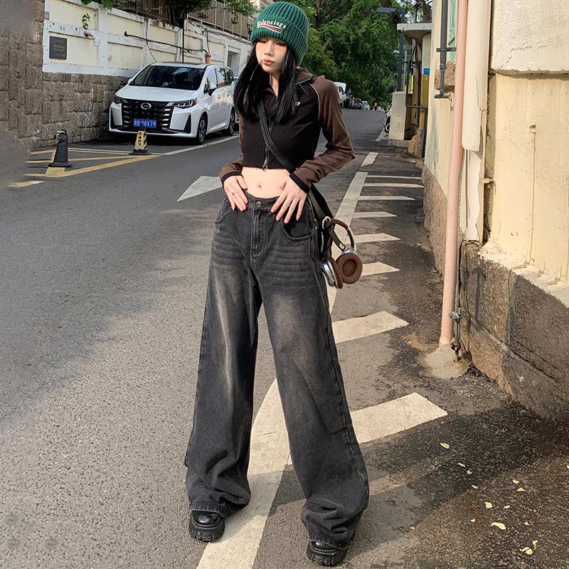 American retro wide-leg pants spring black and gray loose drape floor mopping high-waisted straight jeans women's high street