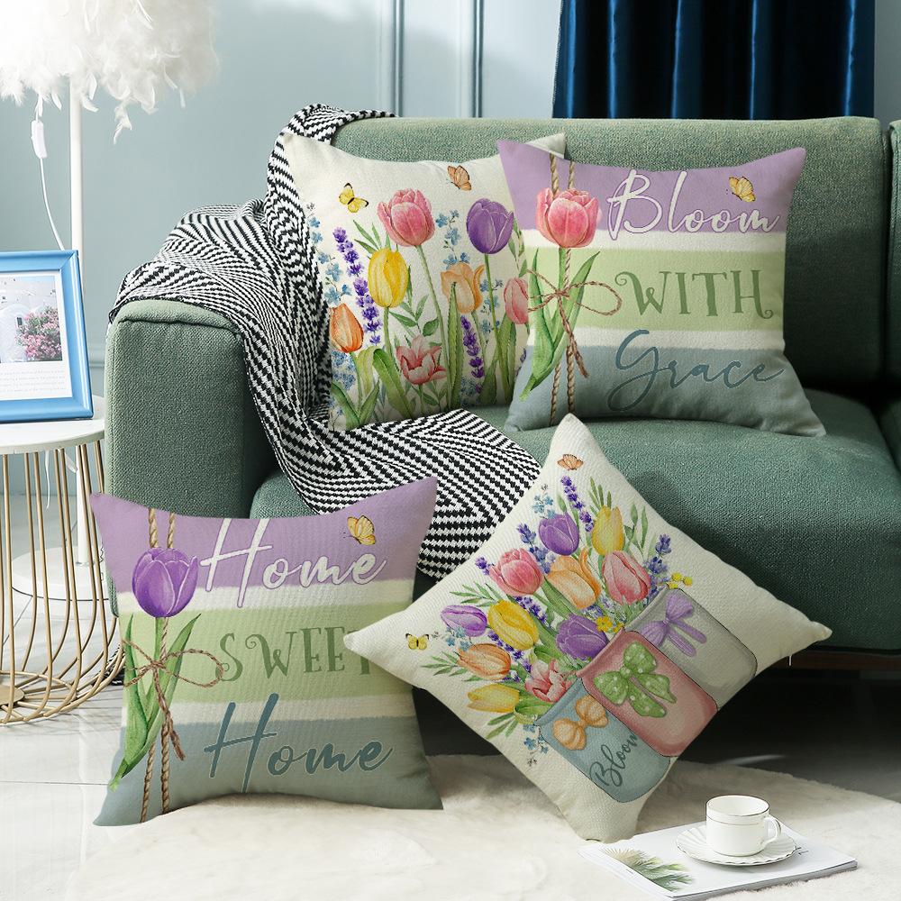 Spring New Pillow Printed Pillow Linen Sofa Letter Plant Flower Cushion Cover