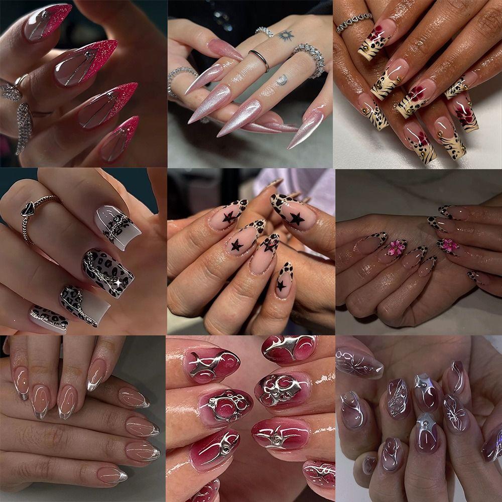 Manicure Long Almond and Ballerina False Nails Leopard Cat Eye Press On Nails Detachable Stars Nail Tips DIY