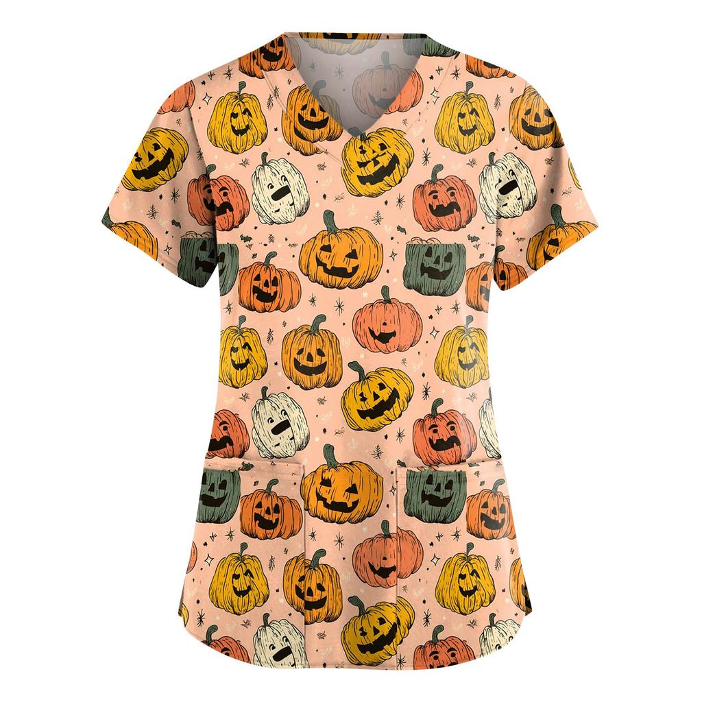 Women's Fashion V-Neck Short Sleeve Overalls With Pockets Halloween Printed Tops  Apparel