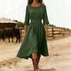Damen Baumwoll-Leinen Midi Kleid Lässig Rundhalsausschnitt Langarm Schwingkleid Sommer Falten A-Linie Fließendes Kleid