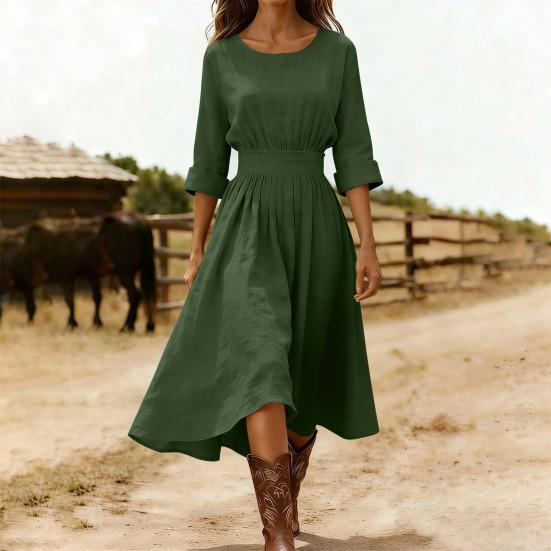 Damen Baumwoll-Leinen Midi Kleid Lässig Rundhalsausschnitt Langarm Schwingkleid Sommer Falten A-Linie Fließendes Kleid