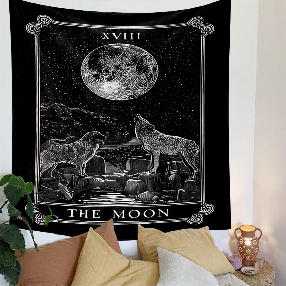 The Moon Tarot Card XVIII Tapestry Wall Hanging, Mystical Moon Card Art, Bohemian Wall Decor for Bedroom Living Room