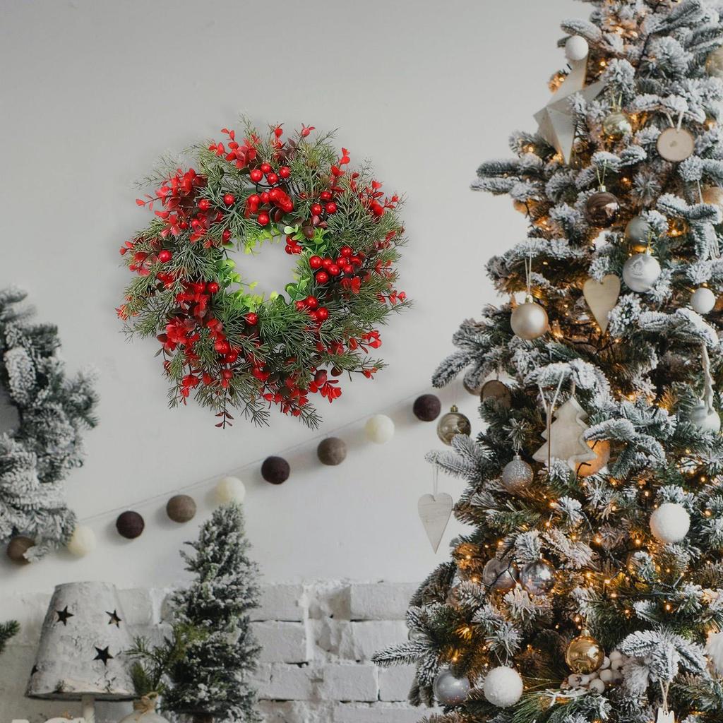 Christmas Wreath Seasonal Garland with Red Berries Rustic Wall Hanging Front Door Xmas