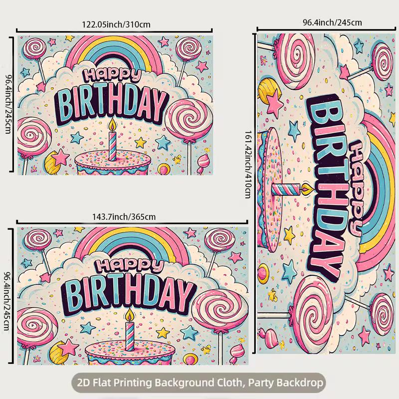 2D Candyland Birthday Backdrop, Pastel Rainbow, Lollipops and Cake Background Cloth