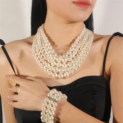 3pcs/set Exaggerated Imitation Pearl Beads Multi-layer Necklace Earrings Bracelet for Women Fashion Jewelry Set