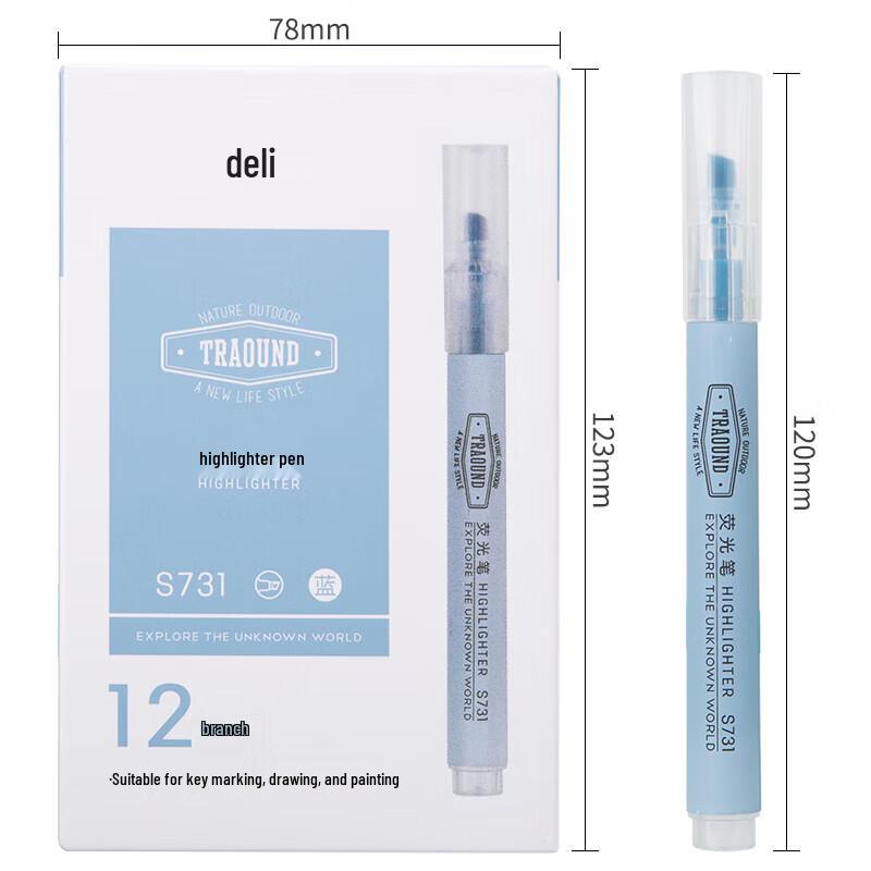 Deli S731 Blue Highlighter Pen, 12-Pack