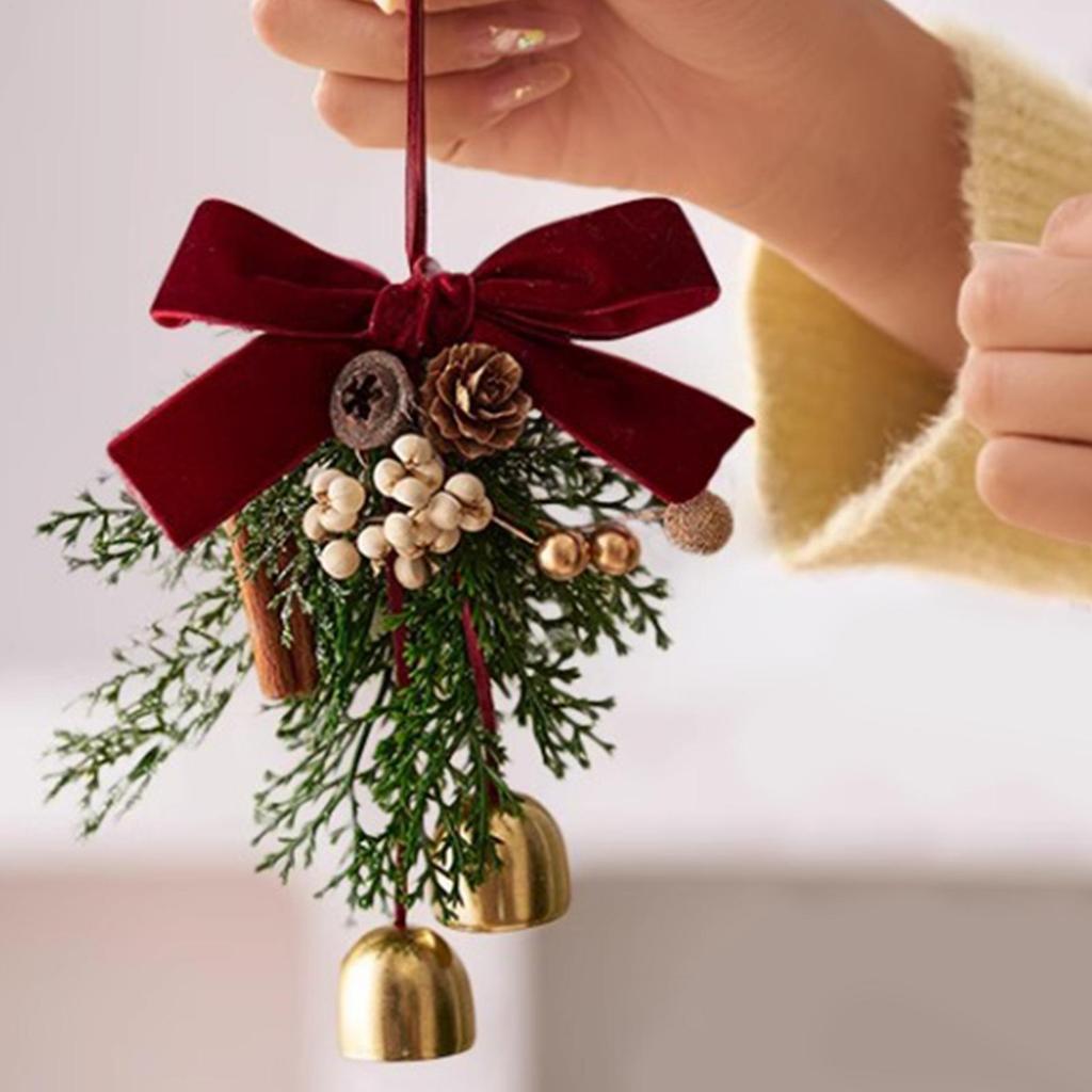 Red/Green Christmas Velvet Bow Bell Festive Jingle Bells Door Hanging Christmas Chime Bell Crisp Sound Pine Cone Bell Pendant