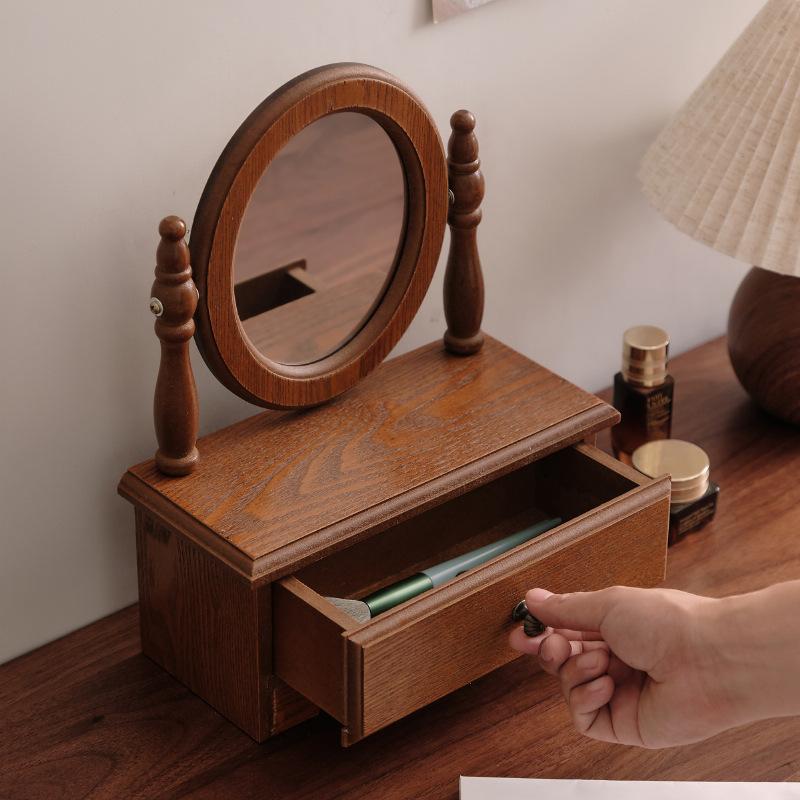 French Medieval Wooden Makeup Mirror - Desktop Standing Vanity Mirror for Bedroom & Living Room Decor