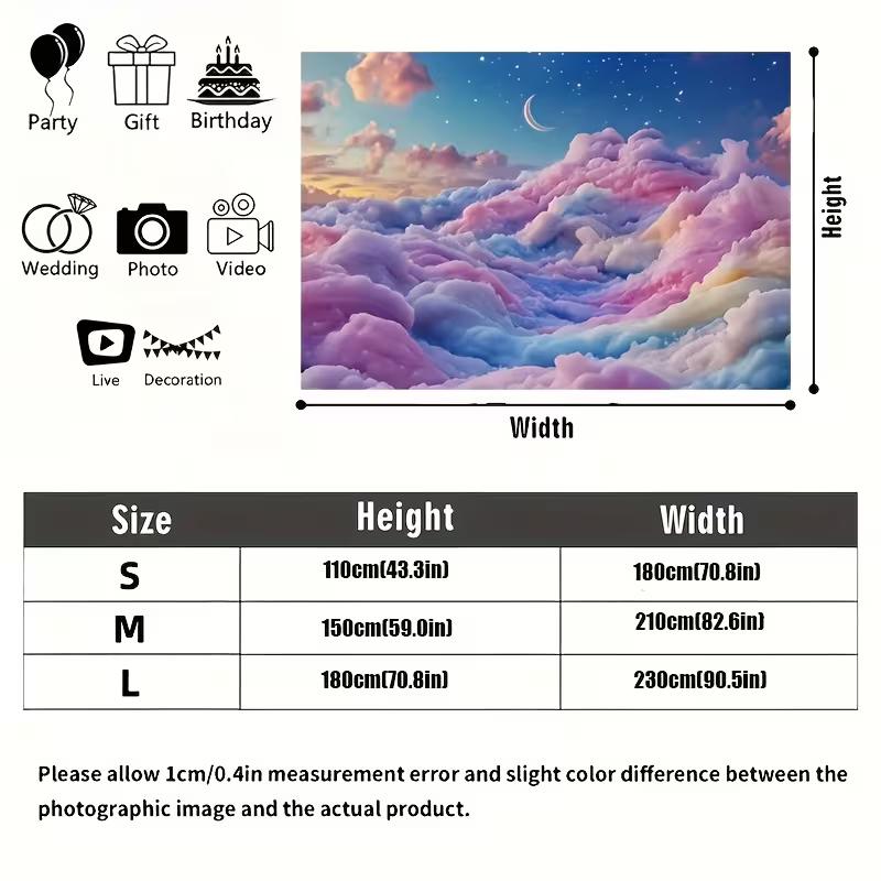 2D Aesthetic Room Backdrop, Cotton Candy Cloudscape with Crescent Moon Background