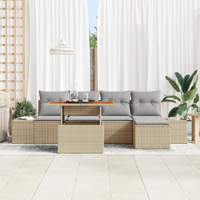 VidaXL Ensemble de salle à manger de jardin 6 pièces avec coussins Beige Poly Rotin Acacia 3349951
