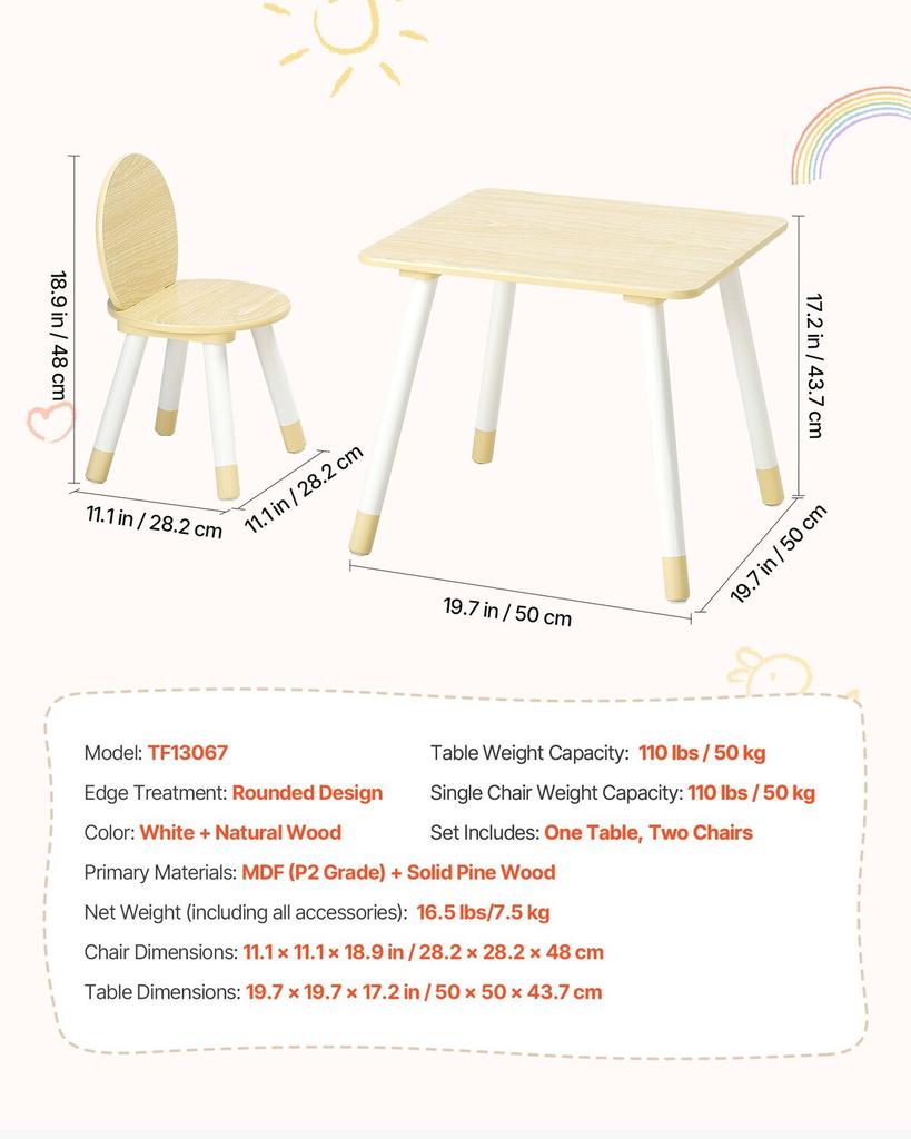 Kids Table and 2 Chairs Set, Toddler Table and Chair Set with Rounded Edge Design & Graffiti Desktop, Wooden Desk for Art, Craft, Reading, Learning,
