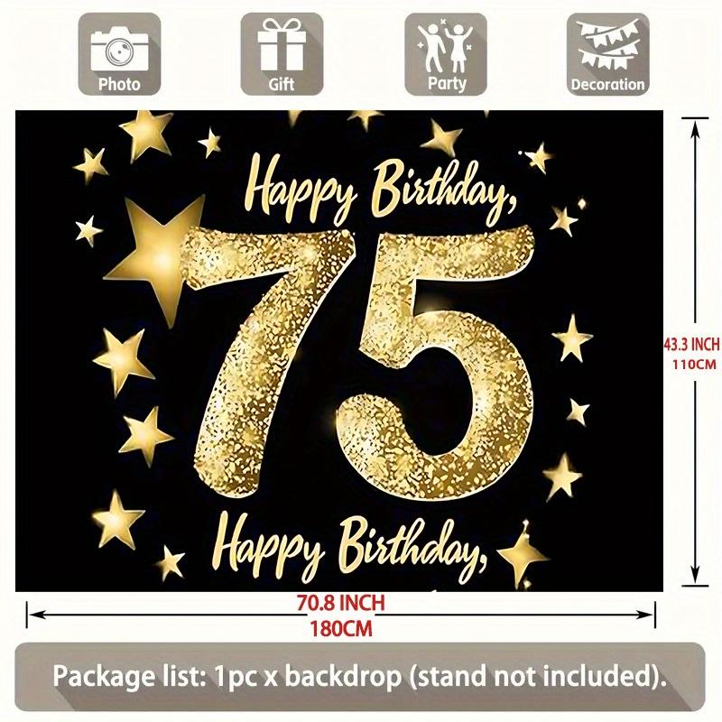 Happy 75th Birthday Golden & Gold Design, 1pc Polyester Party Backdrop Banner, Photo Booth Background, Wall Decor
