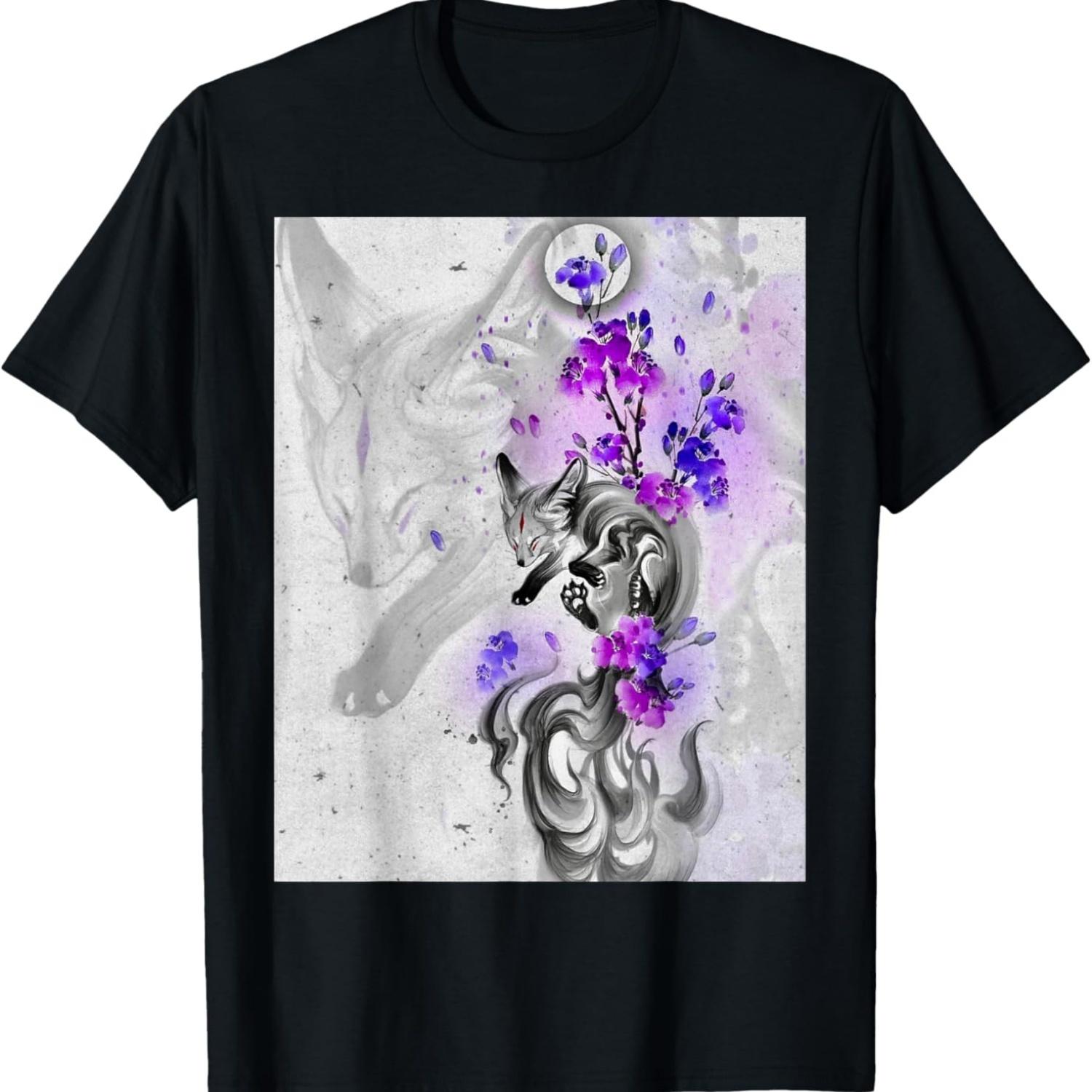 Fox Kawaii Fox Cherry Purple Blossom Flowers Lavender T-Shirt S чёрный