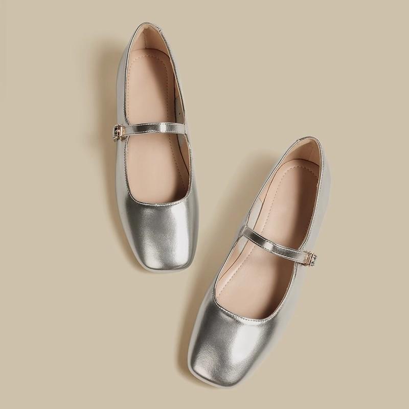 Silver Mary Jane Shoes 2025 Spring and Autumn New Light Mouth High Sense Low Thick Heel Small Leather Shoes French Flat Sole Shoes Women