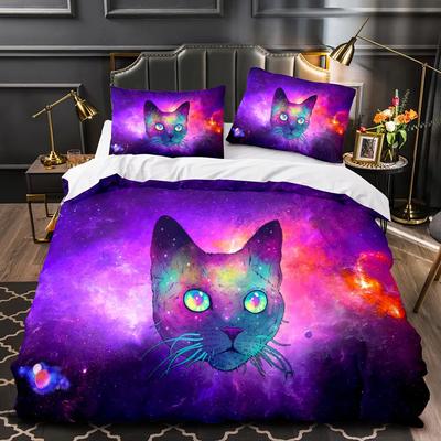 Comforter Bedding Sets For Double Size Galactic Cosmic 3D Cat Duvet Cover Bed Linen 2 Bedrooms For Boy Teen Girls Pink, Purple