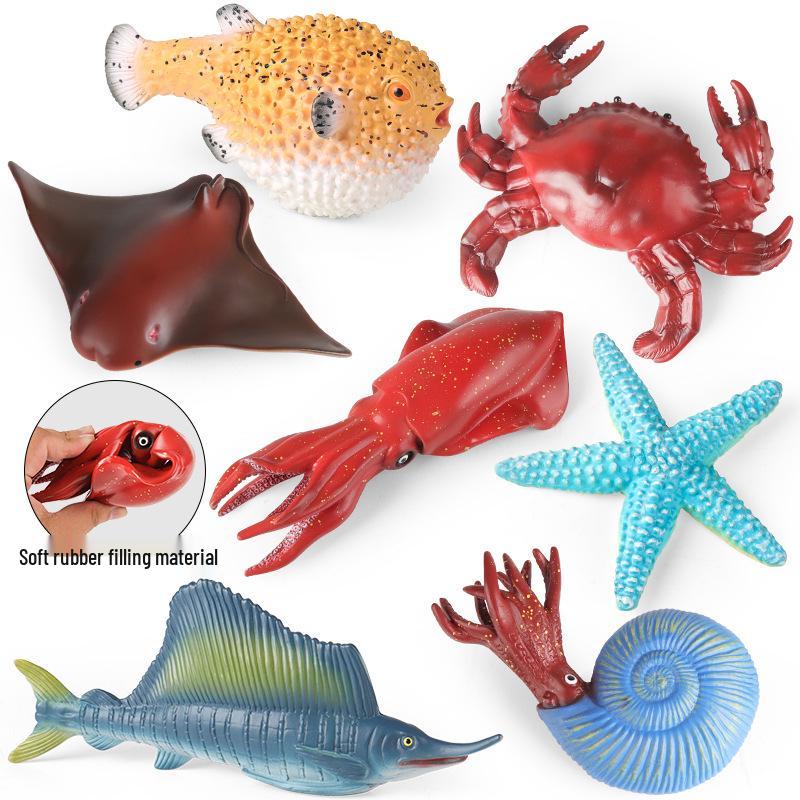 Kids' Cognitive Marine Animal Toys: Soft Rubber Models - Pufferfish, Starfish, Crab, Nautilus, Sailfish, Manta Ray.