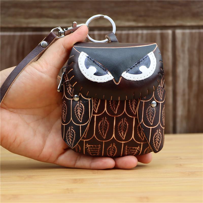 First Layer Cowhide Creative Owl Mini Change Bag Cowhide Card Bag Key Bag Clutch Bag Flip Hand Bag