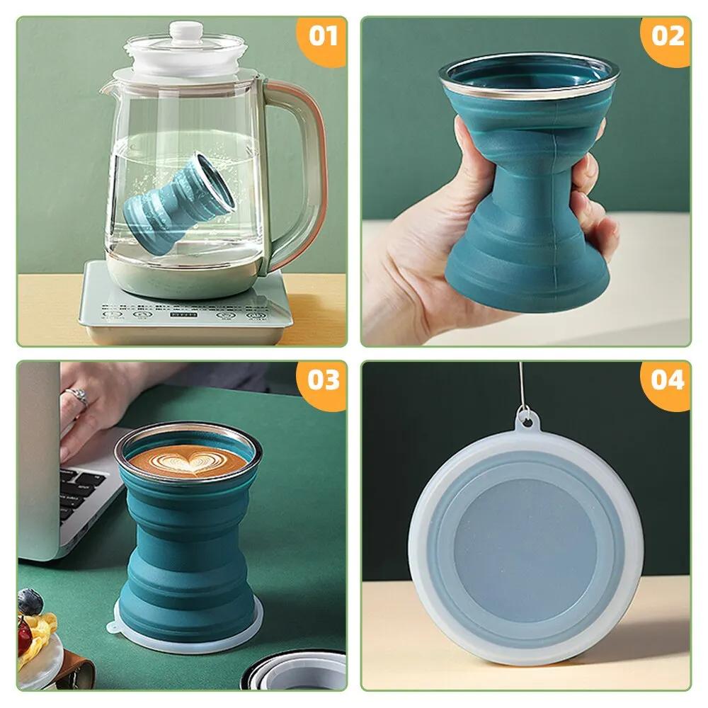 Portable Silicone Foldable Cup Lanyard Heat With Cups Lid Collapsible Resistant Folding Storage Travel Mug For Hot Water