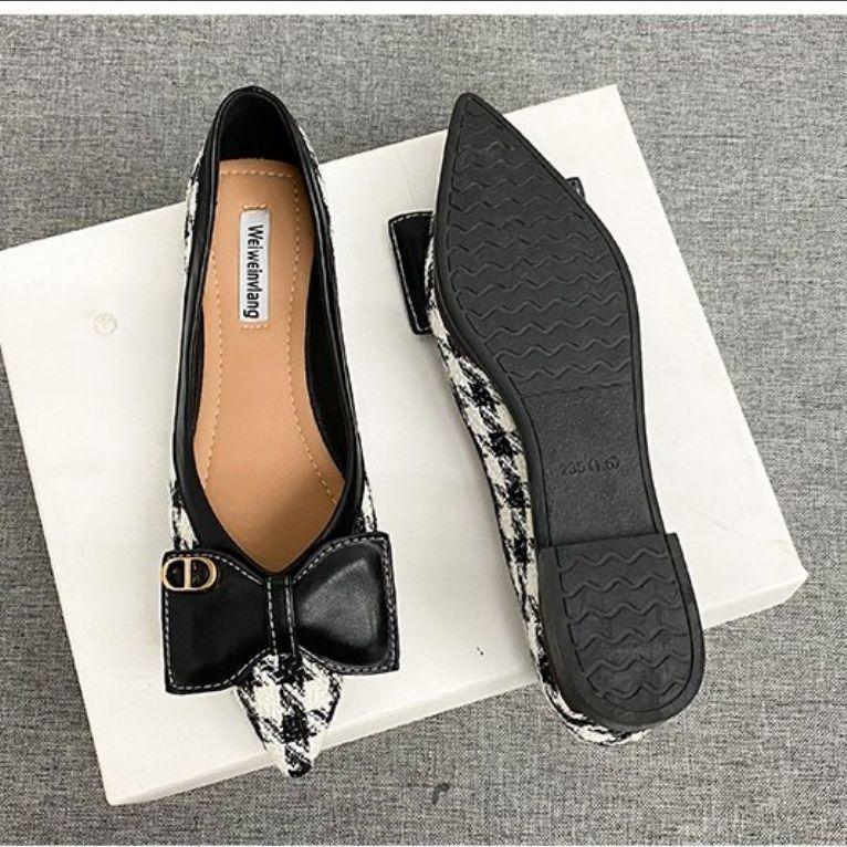 Single shoes women's pointed head flat bottom new thousand bird grid bow temperament lady shoes versatile soft sole ladyshoes