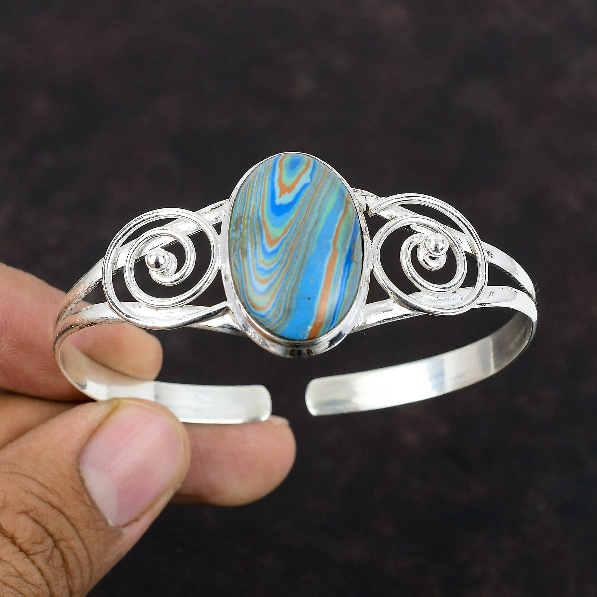 

Браслет-манжета из настоящего драгоценного камня Rainbow Calsilica, браслет-манжета из стерлингового серебра 925 пробы, регулируемый браслет-манжета ручной работы, достойные ювелирные изделия, подарок для мамы