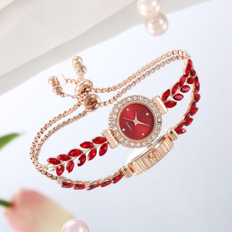 Fashion green leaf thin belt with diamond malachite green round women's watch pull adjustment chain list women's quartz watch