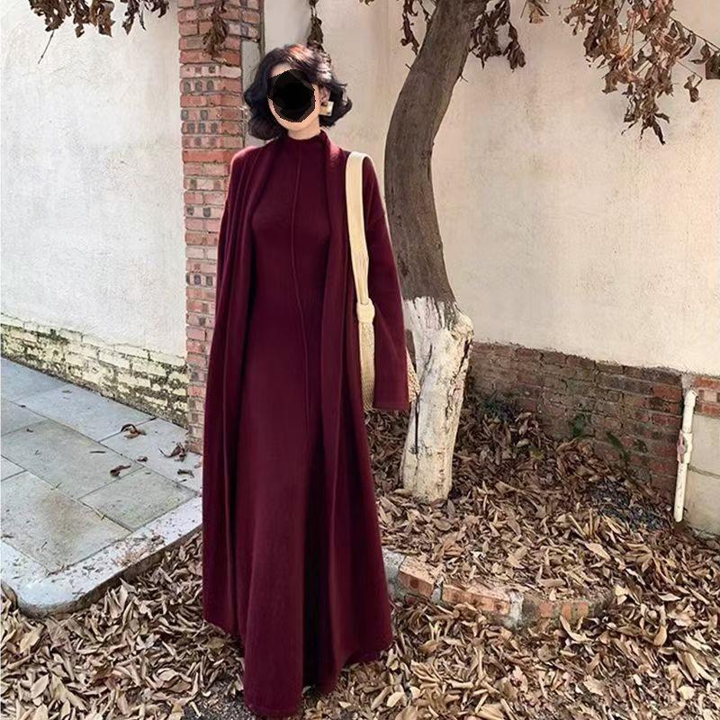 

В язана сукня без рукавів з високою горловиною та кардиган-пальто, набір з двох предметів XXXL фіолетовий