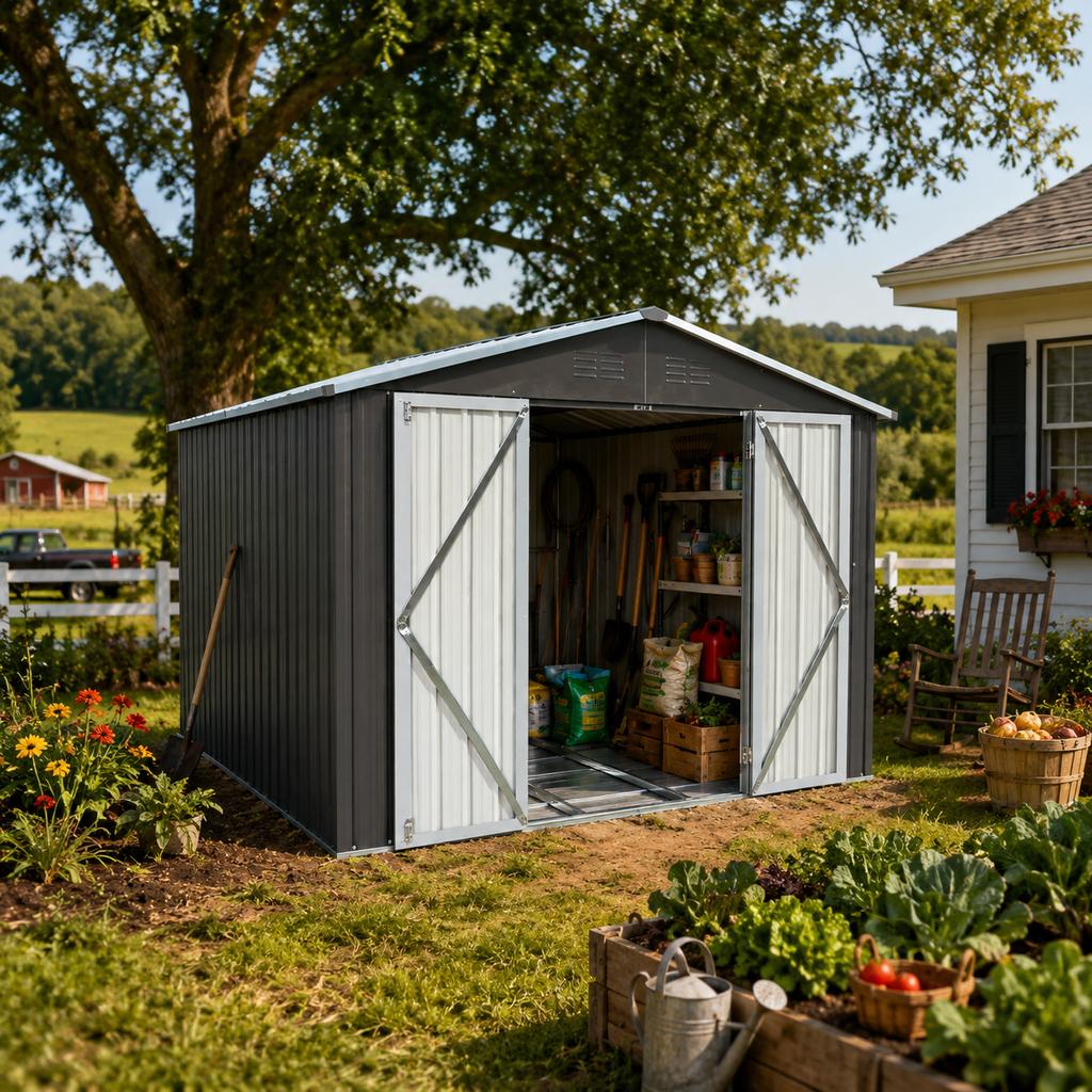 Metal Garden Shed 10x8 ft with Apex Roof in Grey as Outdoor Storage. The shed is equipped with an integrated floor frame. Floor area: 7.46 m².