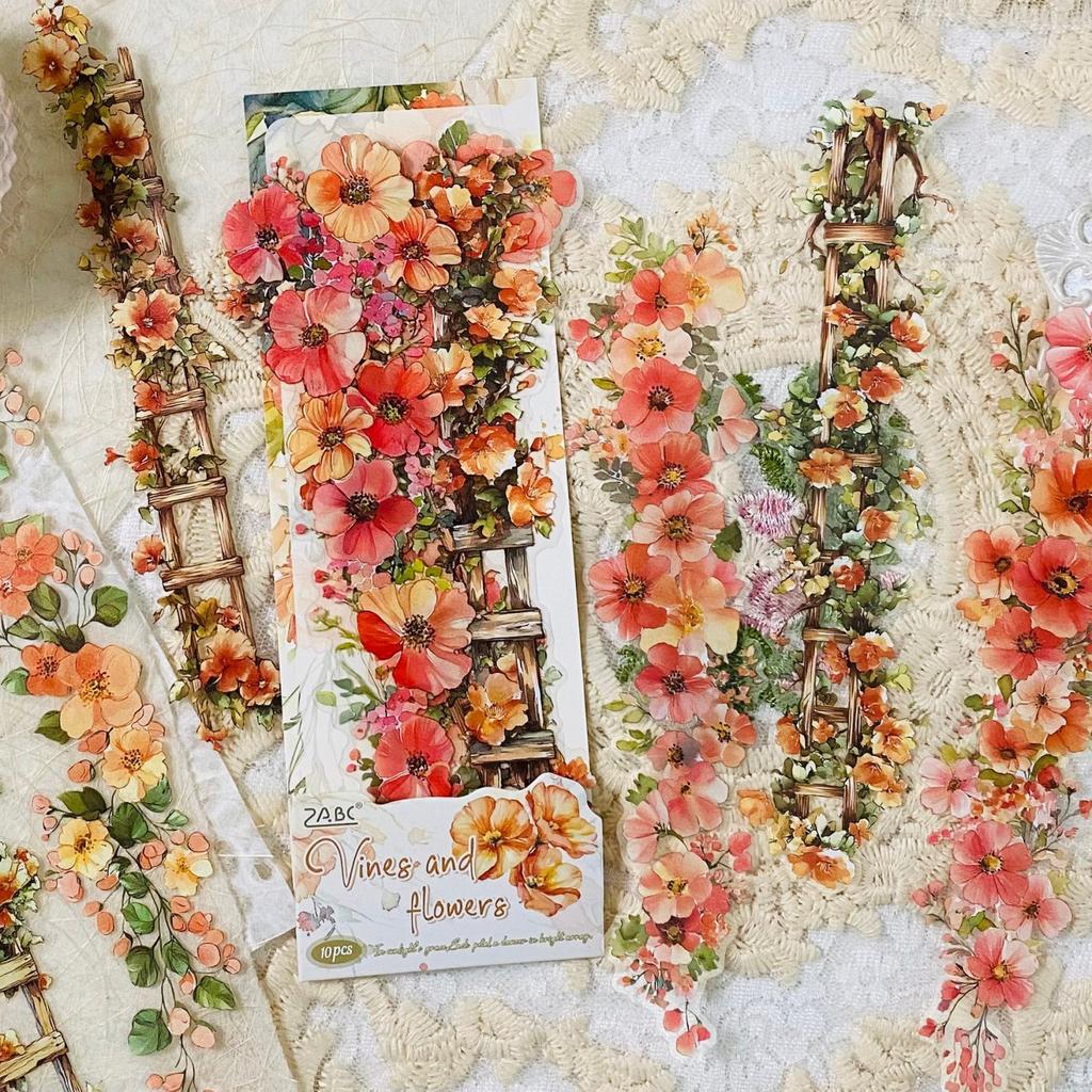 10pcs Vintage Transparent Flower Ladder Stickers for Scrapbooking PET Scrapbook Sticker for Journaling Card Making Album Decor