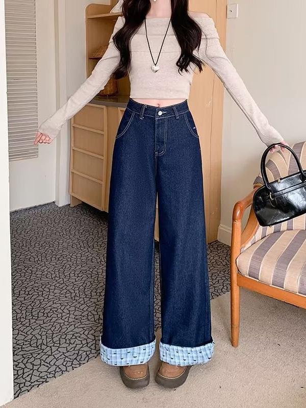 Retro Plaid High-Waisted Wide-Leg Bow Patchwork Jeans for Women