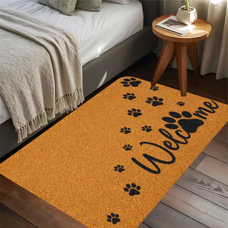 Welcome Paw Print Rectangle Door Mat Brown Non-Slip Welcome Rug for Bedroom Bedside Floor Decor