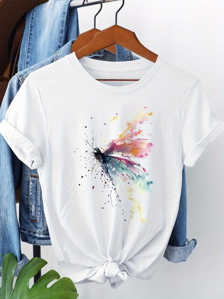Butterfly Print T-shirt Short Sleeve Crew Neck Casual Top For Summer Women's Clothing Simple Design Showing Natural Style Trendy