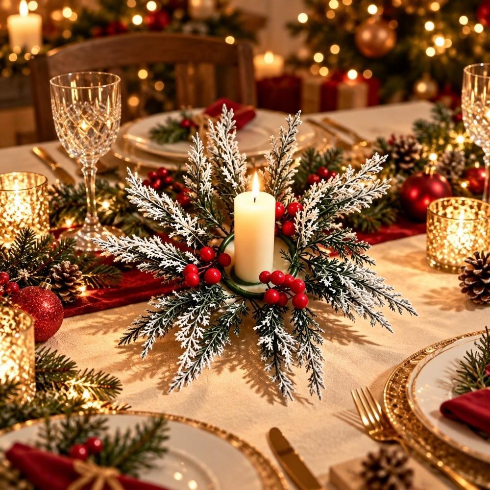 Red Berry Artificial Wreath Candle Rings DIY Xmas Pillar Candlestick Wreath Candle Holder Xmas
