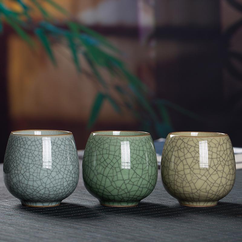 Longquan Celadon Ceramic Tea Cup - Handleless, Engravable, with Ice Crack Design for Home or Office Use