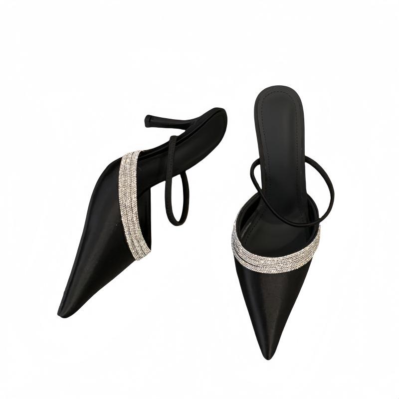 Purple charm rhinestone high heels new pointed light satin word with two wear light mouth sandals slippers