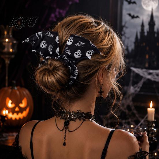 Halloween Hair Ties for Women Bat Shape Scrunchies Girls, Soft Elastic Ponytail Holders with Spooky Pumpkin/Spider Web/Black Cat Prints Holiday Party