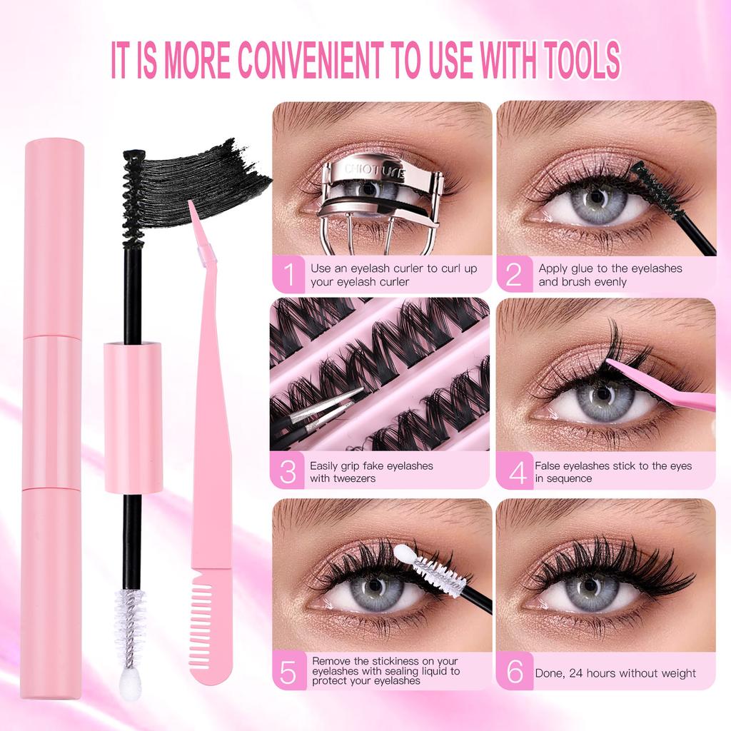 5D Volume Eyelash Clusters DIY Kit with Natural Wispy Bundles, Eyelash Glue Set for Self Application, Beginner Friendly Daily Home Eyelash Extensions